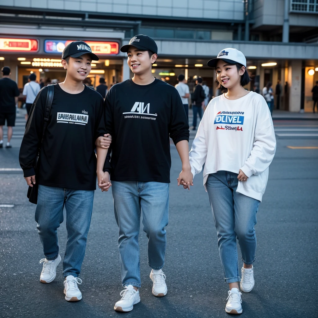 A young Asian man with short hair and an oval face, wearing a baseball cap and white sneakers, stands enjoying the evening scenery at a train station. He is accompanied by a chubby Asian woman wearing a hijab, long-sleeved white couple t-shirt, light blue street jeans, and white sneakers, with her head leaning on the man's shoulder, smiling. The photo is taken from the side, very realistic, captured by a Nikon 5200 camera, in the highest resolution, 8K UHD.