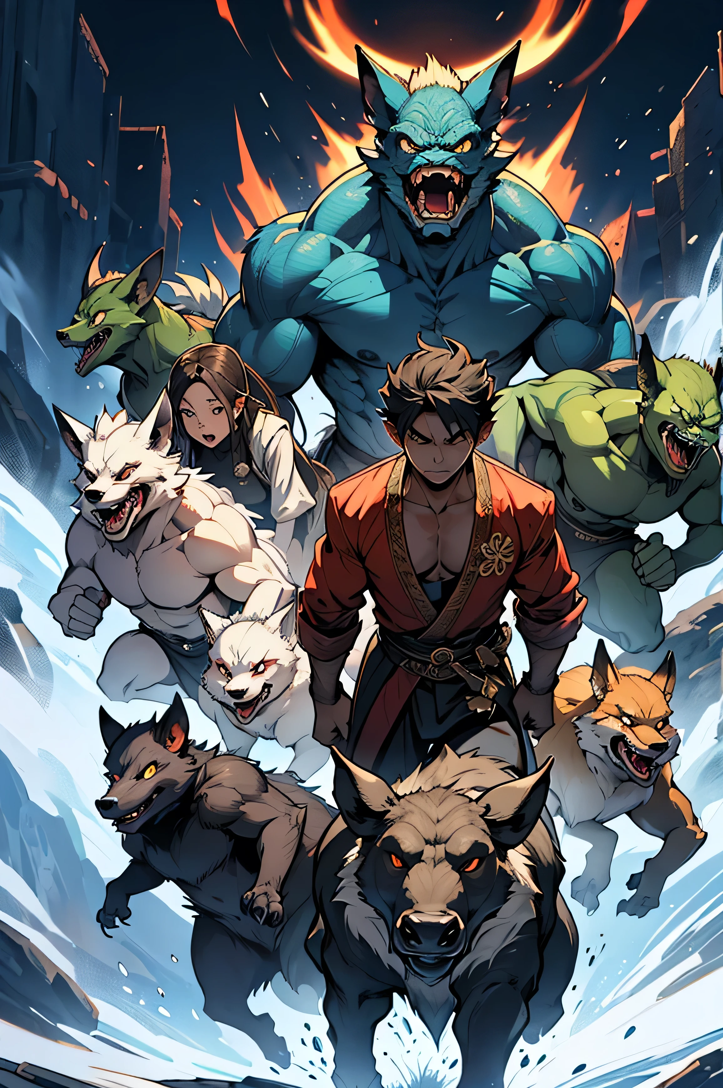 An image of various oriental-style monsters heading in all directions around the screen., ghost, wild boar, fox, Goblins, etc. appear, Monsters running out in all directions from the center point of the screen, Monsters of similar size