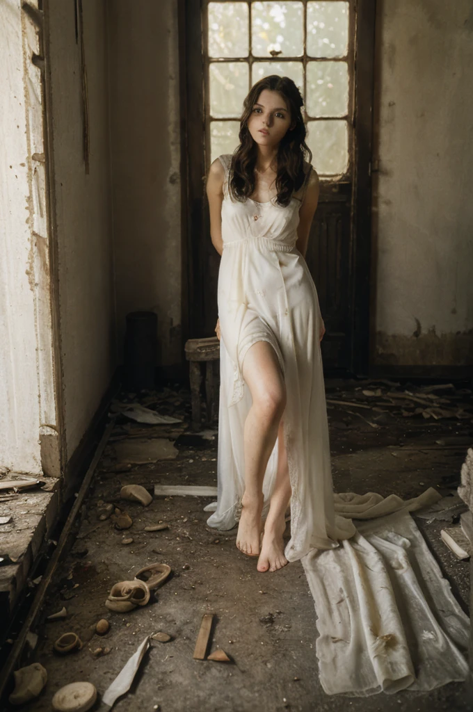 Oil painting by Nick Alm, a beautiful young woman, full body, is standing ((woman looks at camera)) standing, long white dress, transparent silk, full body, ((bare feet)), ((chess floor)) bright room and decaying, peeling wall, peeling paint, checkerboard floor, old worn sofa, old photography, delicate skin, beautiful detailed eyes, beautiful detailed lips, extremely detailed face, long eyelashes, slender figure, warm lighting, jenror2023, 1 girl, 8k, uhd, best quality, artistic trend, photorealistic, masterpiece, RAW image, skin pores, detailed skin, hazel eyes, old abandoned house, dark dramatic lighting, \(theme\), 1930s \(Nick Alm style\),
