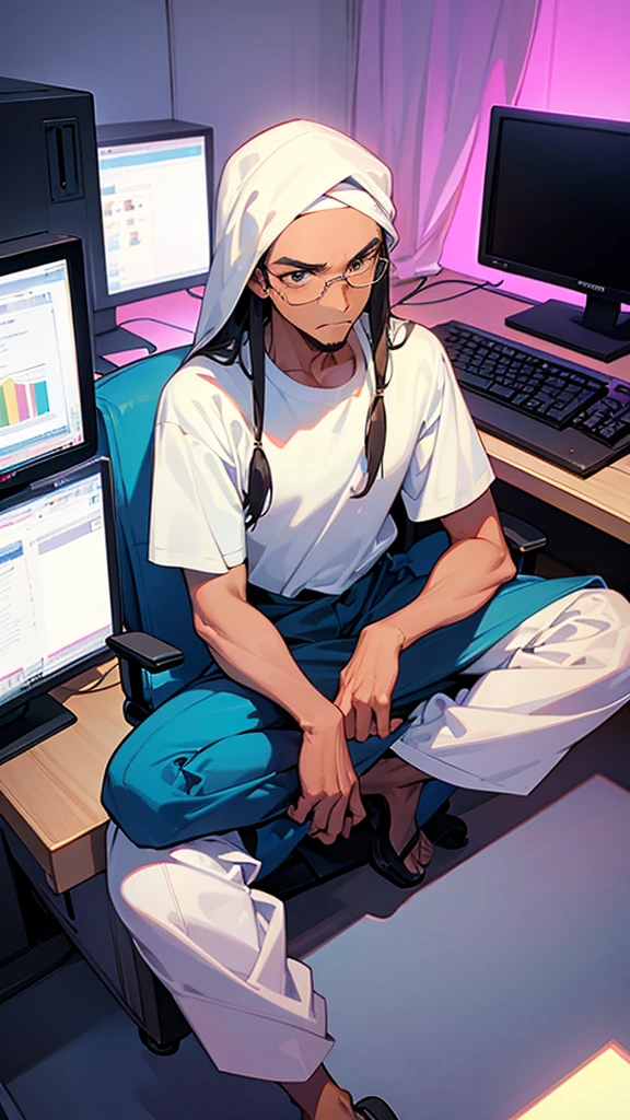 18 years older Indian Muslim
gentleman man wearing T-shirt cartoon anime image sitting on computer chair long hair
