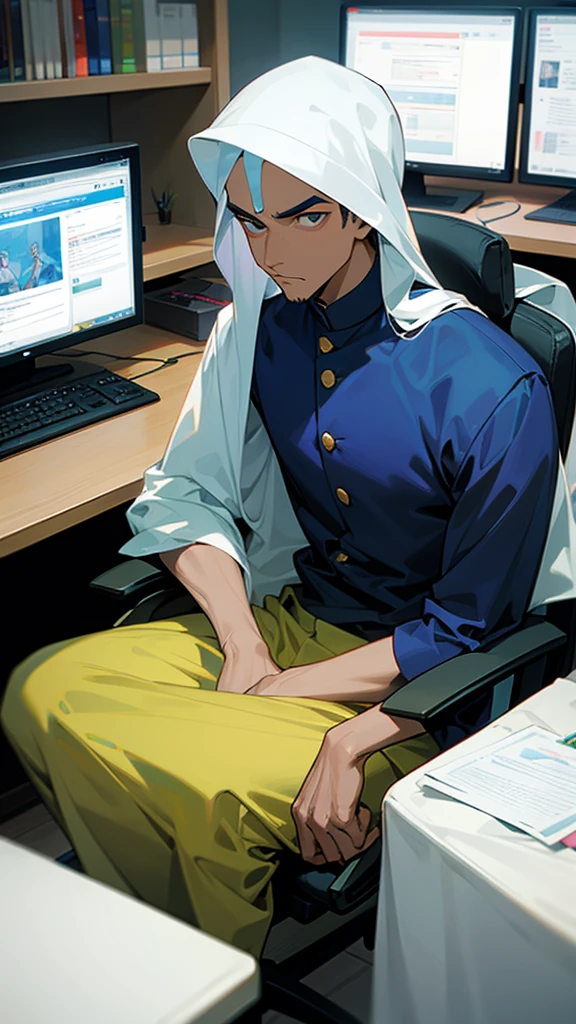 18 years older Indian Muslim
gentleman man wearing T-shirt cartoon anime image sitting on computer chair long hair