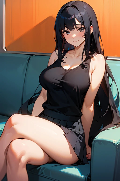 Black hair, long hair, big breasts, beautiful girl, beautiful woman, tank top, pleated skirt, uniform, smile, cross-legged, unable to hide, front, no bra, no panties
