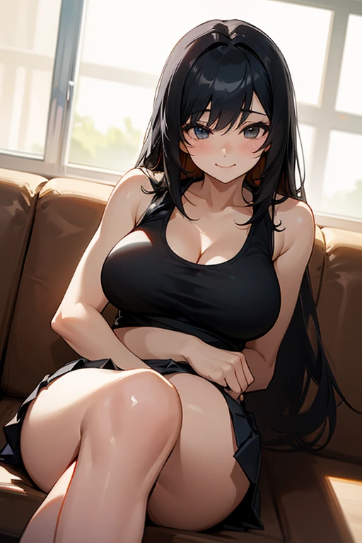 Black hair, long hair, big breasts, beautiful girl, beautiful woman, tank top, pleated skirt, uniform, smile, cross-legged, unable to hide, front, no bra, no panties