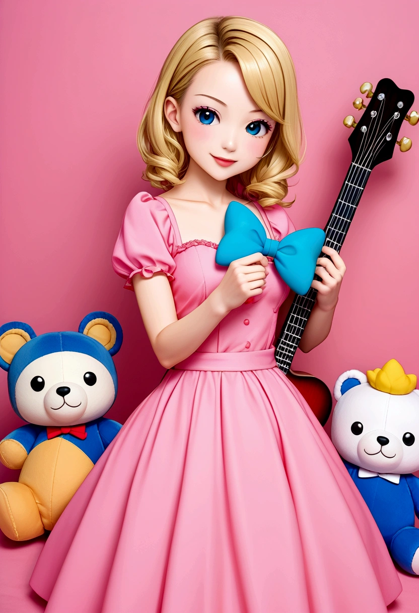 Anime characters、One Girl、3 、guitar、Pink Dress、Blonde、infant、Kids Room、toy、stuffed toy、Pink Background、教育、Anime for children、