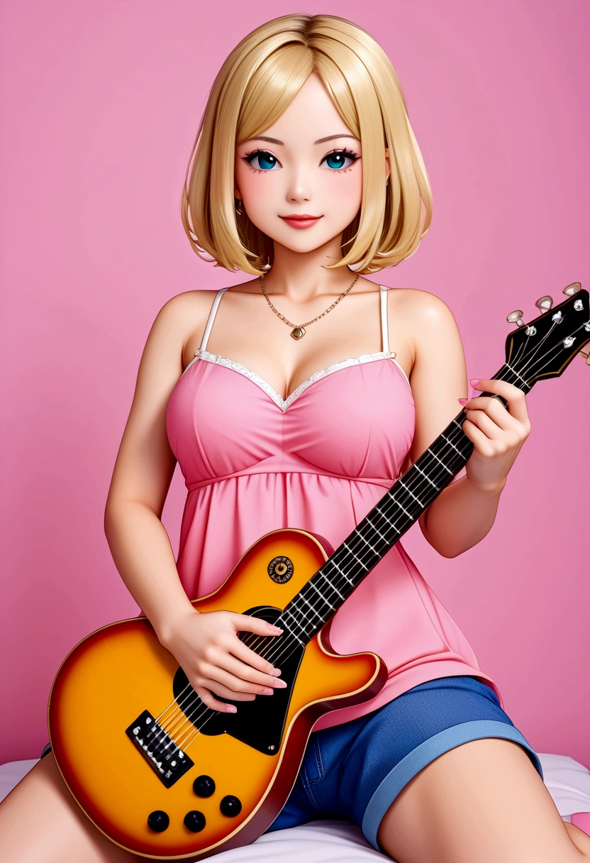Anime characters、One Girl、3 year old、guitar、Pink Dress、Blonde、infant、Kids Room、toy、stuffed toy、Pink Background、教育、Anime for children、
