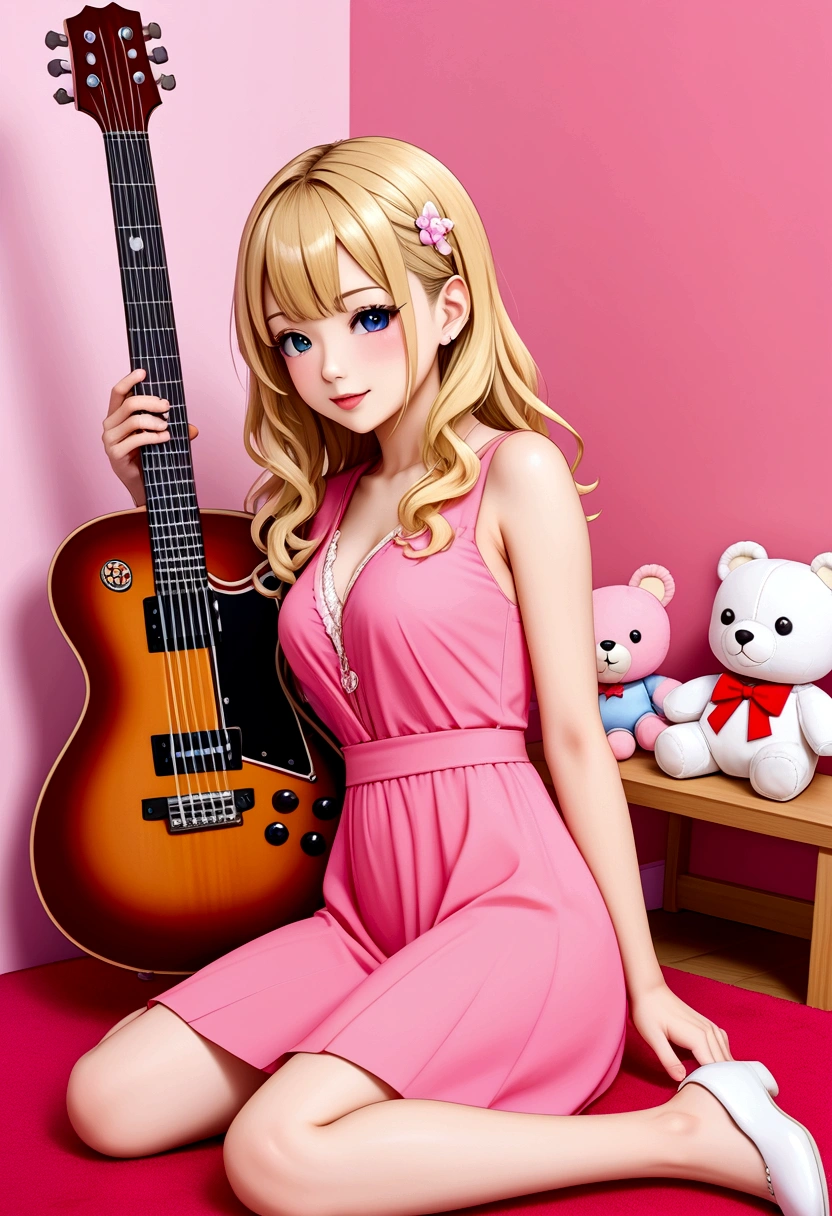 Anime characters、One Girl、3 year old、guitar、Pink Dress、Blonde、infant、Kids Room、toy、stuffed toy、Pink Background、教育、Anime for children、