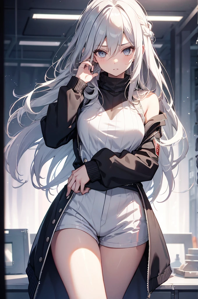 1girl, {Solitary}, Upper Body ,{{ {Watching at viewer}}}, Arms at your sides, Concept Art, white Background, simple Background, White hair, Silver gradient hair , Composite cloth, Asymmetrical clothes, Virtual YouTuber, best quality, masterpiece, Dynamic Angle, guilty gear, guilty gear, guilty gear, cowboy_shooting, Watching_Back, grab, girl,Miss,woman, young,20 years old, Very long hair, Hair Flip, Silver Hair, Flowing hair, Ahog, giggle, Beautiful and delicate golden eyes, teeth, Moderate_breast, Blonde eyes, White skin, hoodie, Black_shorts, Gray clothes, transparent_Background, Backlighting, absurd, high resolution, Extremely detailed,sweater