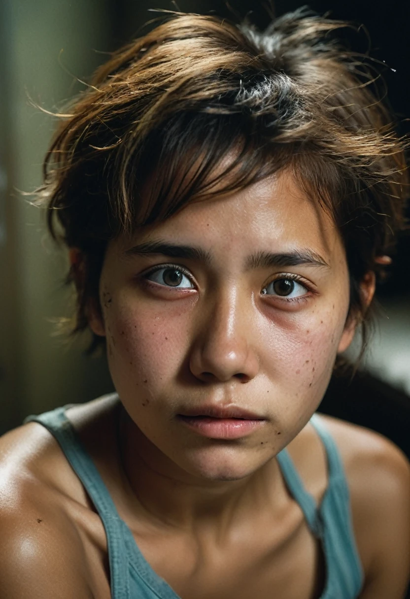((Photorealistic)), RAW Candid Cinema, 16mm, color grading portra 400 film, Outstanding colors, Ultra-realistic, Filmed with a cinematic camera, Detailed skin texture, Subsurface Scattering、 (((Poor refugee cute girl)))、 Best Quality, Very dark underground slums, (Prison Cell),、 (((Full nudity)))、(Detailed eyes)、((No makeup))、、(Real Face))、((No makeup))、(((cry)))、((((Skinny, boyish body))))、(((Get angry)))、(The bombed room) Uniform skin color、((Disheveled Hair)) ((Shot from above the bed)) ((Close-up)) Black Background ((Short Hair)) Beautiful girl beautiful ((Lift your hips and spread your legs to show your private parts))) ((lie down)))