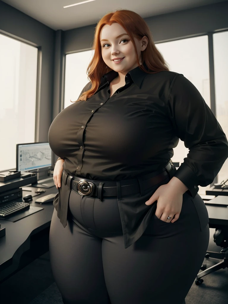 An happy and excited photo of a Beautiful ginger architect BBW, with long wavy light Brownish-ginger hair, with big soft fat belly, thicc fat arms, thicc wide legs, big breast, in black pants, long black shirt tucked in her pants, black belt and black blouse in her new modern architect office with building models and blueprints