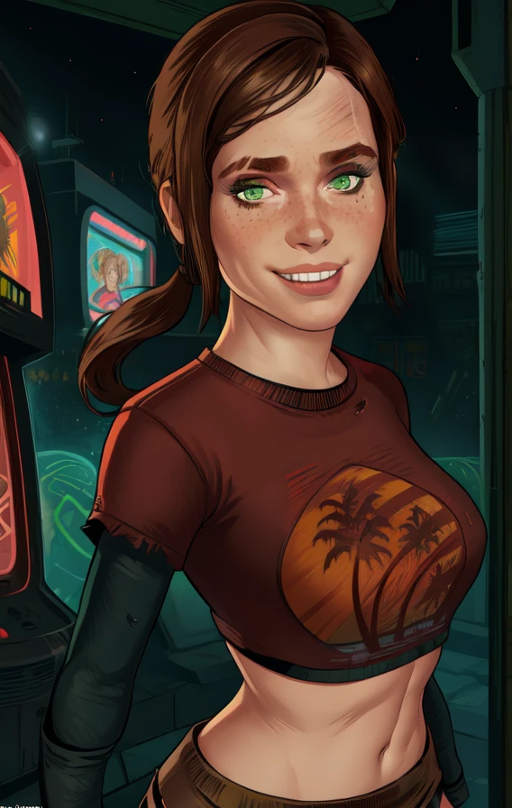 elliet2, green eyes,  brown hair, low ponytail, 
Crop top, dirty mini skirt,   long sleeves, 
upper body, standing,   smile, 
arcade room, neon lights, night, 
 looking at viewer, 
(insanely detailed, beautiful detailed face,beautiful detailed eyes, masterpiece, best quality), solo,enormous massive gigantic big large fat absurde breasts 
 