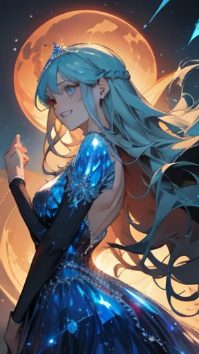 A princess laughing joyfully, detailed face, blue eyes, bioluminescent red dress, very long hair, flying hair, magical, high resolution, masterpiece