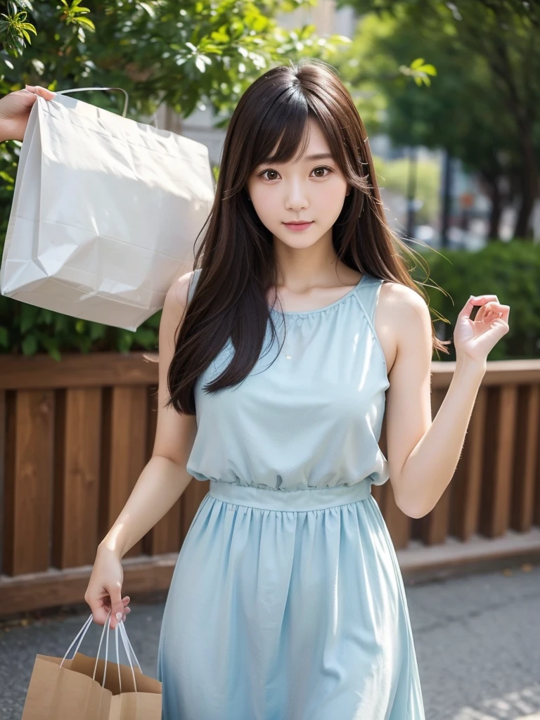 shopping、paper bag、Chiffon dress、(Highest quality)、((Very detailed))、4K、(8K)、masterpiece、Very detailedな、Highest quality、Super Resolution、1 person、Kind Face、Soft Light、RAW quality、Soft Skin、163cm、30 years old、Shin swelling