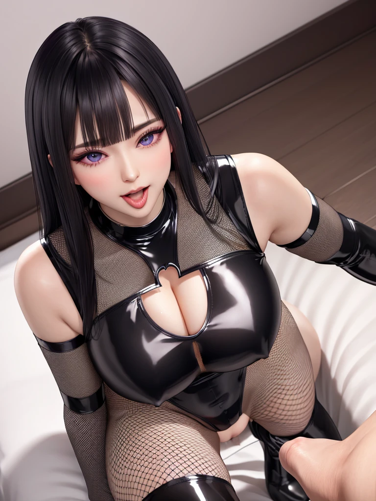 masterpiece, best quality, high quality, perfect anatomy, ultra detailed, perfect design,
BREAK,
mature woman, beautiful detailed face, realistic skin, (shiny glossy skin),
BREAK,
purple eyes, ((realistic eyes)), ultra detailed eyes, beautiful high light eyes, slant eyes, narrow eyes, (small eyes), (wide set eyes), eyelash, eyeshadow,  double eyelids,
BREAK,
black hair, (long hair), slice cut side hair, thin hair, (blunt bangs), shiny glossy hair, 
BREAK,
(evil smile), open mouth, ((tongue out)), (nose blush), pink lips,
BREAK,
((black elbow gloves)), (((fishnet tights))), (((black crop top leotard))), intense and extreme latex reflective, open navel, (((cleavage cutout of heart))), (puff sleeve), (((huge breasts))), (erection of nip-ples), (((wedgie))), black long boots, (camel-toe),
BREAK,
(((sitting on the bed))), ((putting hands between legs)), (((leaning forward))), (spread legs), from above, looking up, (focus face).
BREAK,
(luxury hotel room, pink bed), top light, warm light