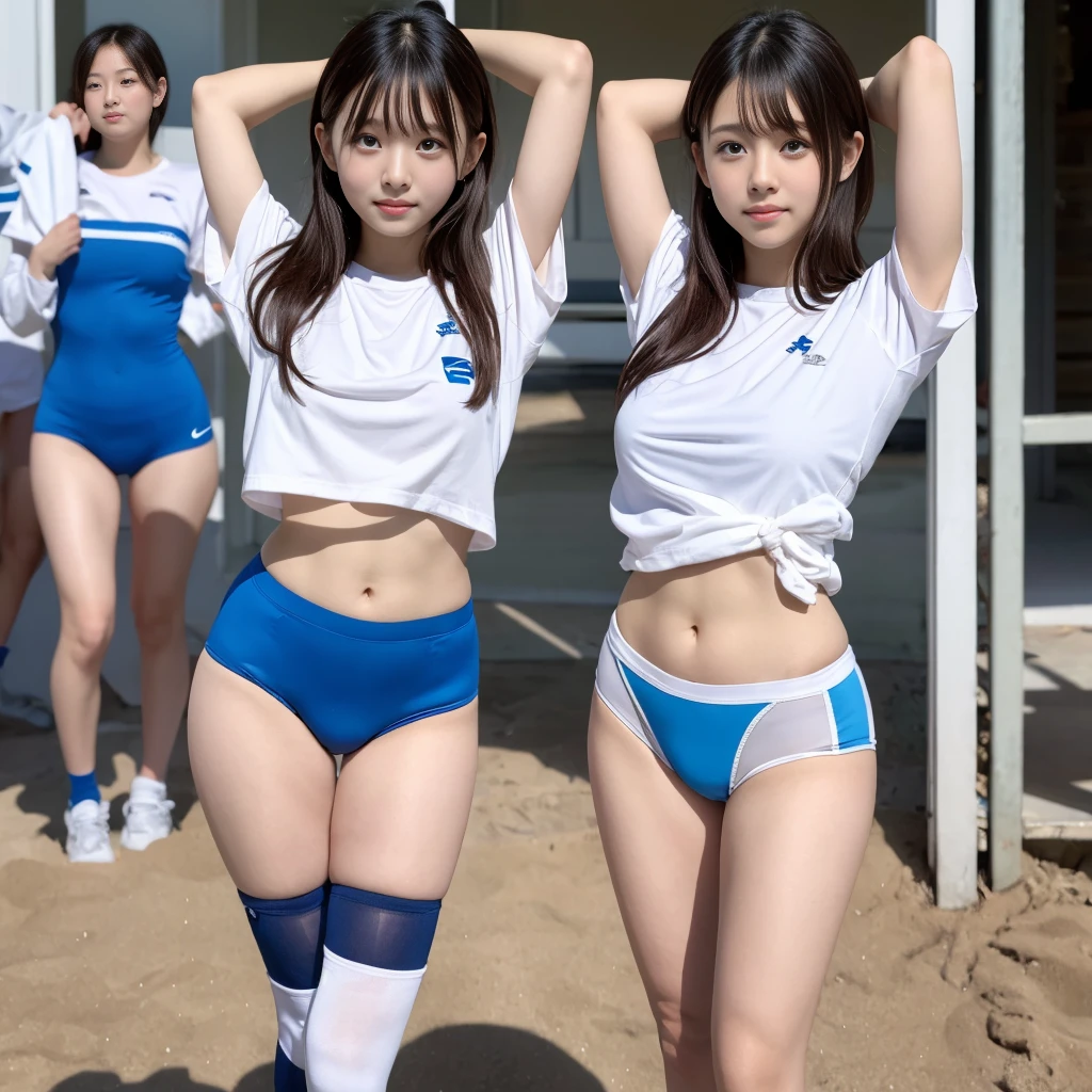 Japanese Girl, White tight shirt, Bloomers made by Capital Ace、Bloomers made by CAPITAL ACE、Cobalt Blue Bloomers, bloomers, pointy big breasts, very small nipples, Sandy bloomers、Long legs,Long white socks ,Embarrassed face, Side stand pose,volleyball,open small, View from below、Dirty full body view、Small buttocks with rough skin
