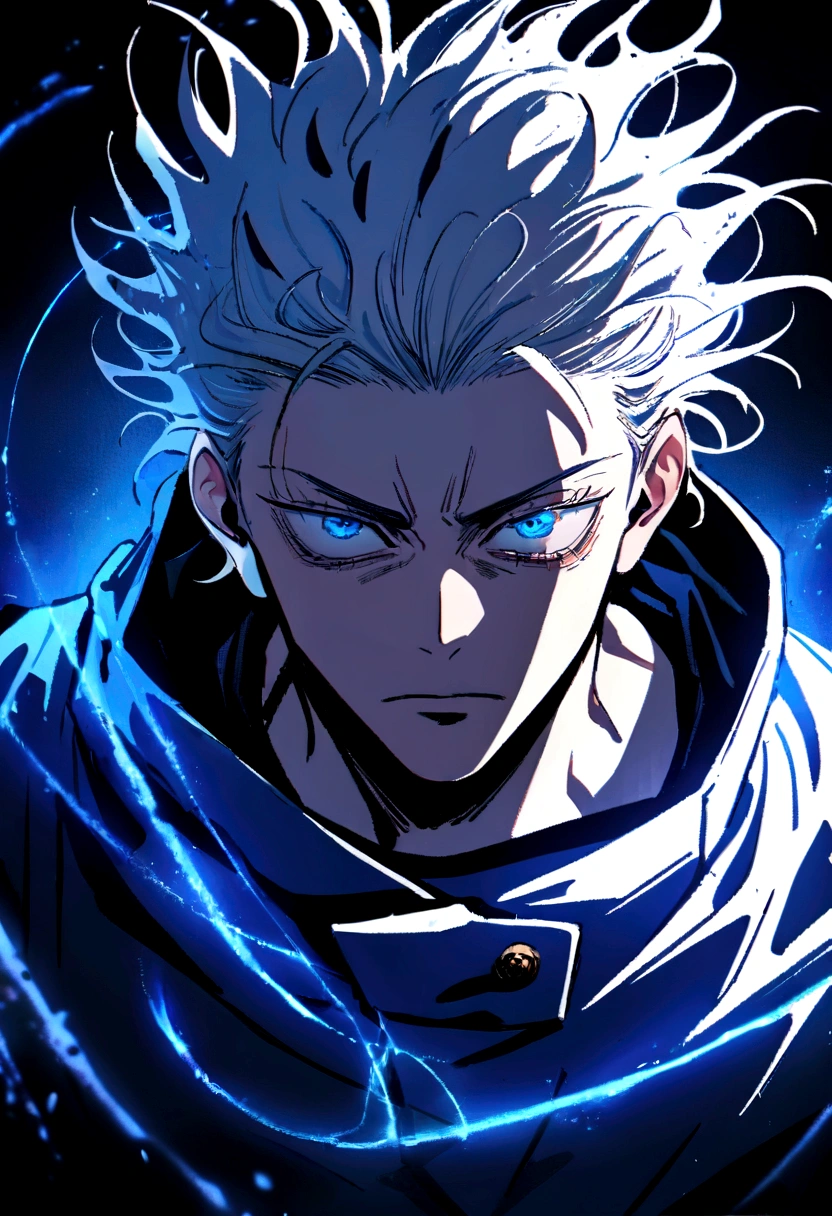 ((Masterpiece)), ((magig)),((ultra detail)), 1boy, gojo satoru, Jujutsu kaisen, magic blue circle, blue lighting, handsone, blood splatter, messy hair, blue eyes, serious face, looking at viwers, dark background, powerfull, magical view
