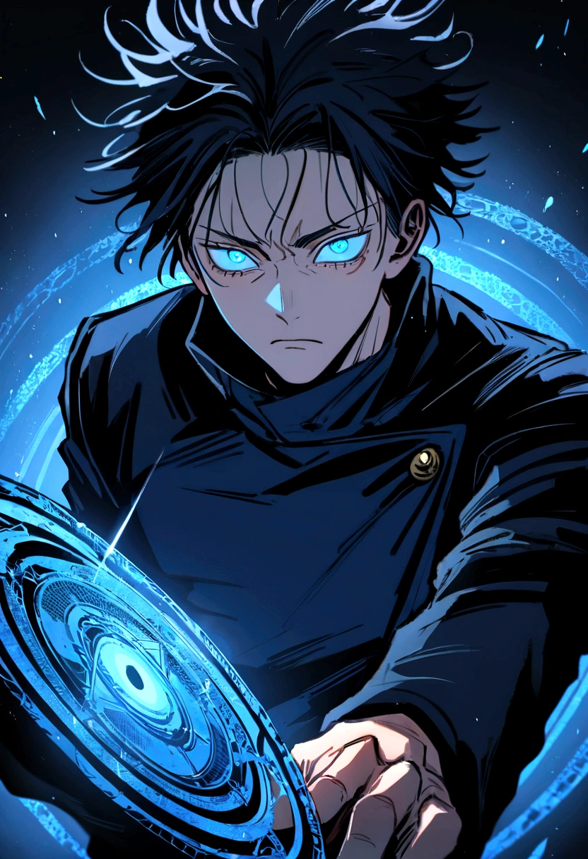 ((Masterpiece)), ((magig)),((ultra detail)), 1boy, gojo satoru, Jujutsu kaisen, magic blue circle, blue lighting, handsone, blood splatter, messy hair, blue eyes, serious face, looking at viwers, dark background, powerfull, magical view
