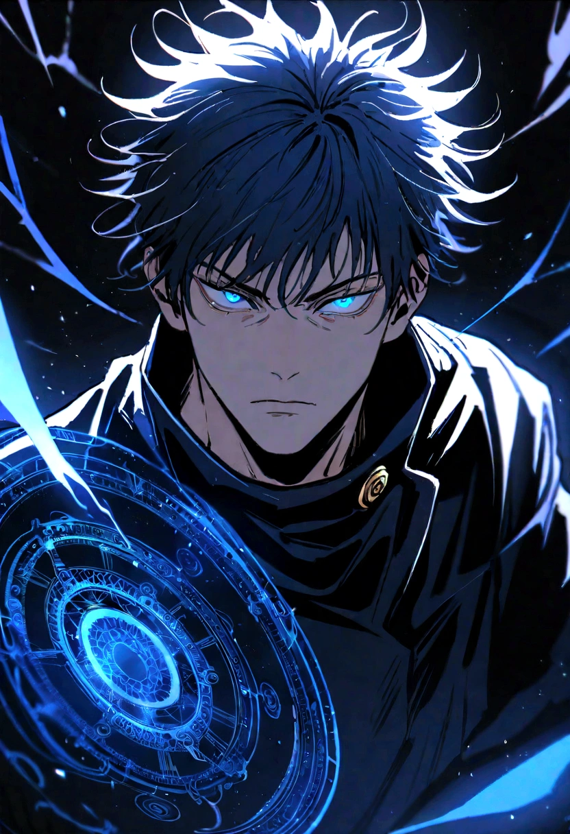 ((Masterpiece)), ((magig)),((ultra detail)), 1boy, gojo satoru, Jujutsu kaisen, magic blue circle, blue lighting, handsone, blood splatter, messy hair, blue eyes, serious face, looking at viwers, dark background, powerfull, magical view