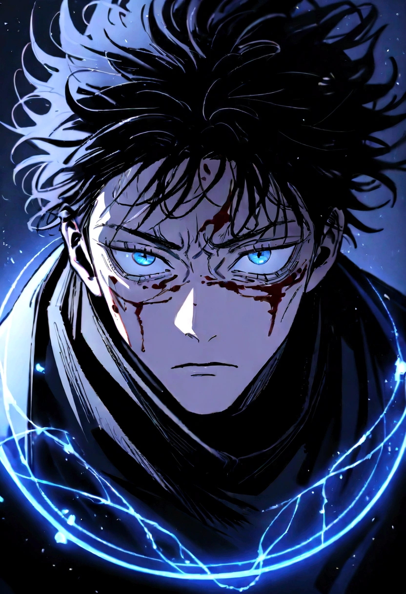 ((Masterpiece)), ((magig)),((ultra detail)), 1boy, gojo satoru, Jujutsu kaisen, magic blue circle, blue lighting, handsone, blood splatter, messy hair, blue eyes, serious face, looking at viwers, dark background, powerfull, magical view