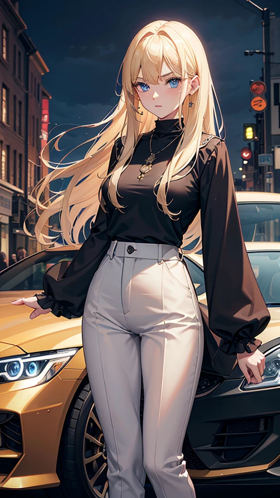 Blond hair, blue eyes, straight hair, forehead showing, combed back hair, hair band, rich, properly dressed, serious, necklace, in front of expensive car, expensive car, clutch bag,
outside, city, high neck silk blouse, green blouse, high waisted trousers, high waisted pants, braclet, cashmere cardigan, blush, ultra-detailed, absurdres, unreal engine, masterpiece, best quality, beautiful eyes, volumetric lighting, silky_hair), best quality, ultra-detailed, solo, looking at viewer, highres, 8k wallpaper, extremely detailed, smooth lighting, 8k, depth of field, masterpiece, cinematic lighting,