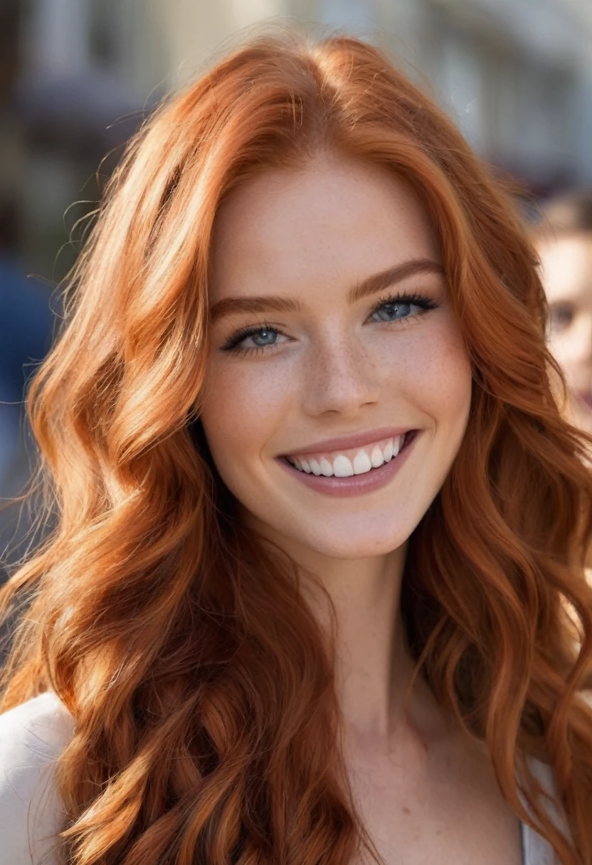 a high model, with long wavy red hair at the end , reddish mouth and cheeks, avec un sourire timide montrant ses dents et ses taches de rousseur, aux yeux bleu clair. I want that'she wears a long white skirt and a red top, assise dans un restaurant à Paris avec la Tour Eifel derrière elle.. Elle a une forme mince et une poitrine