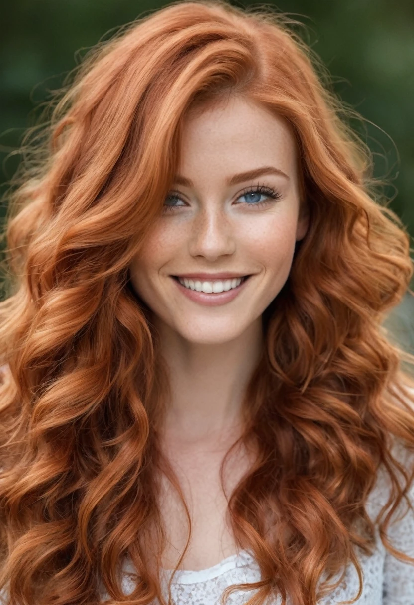 a high model, with long wavy red hair at the end , reddish mouth and cheeks, avec un sourire timide montrant ses dents et ses taches de rousseur, aux yeux bleu clair. I want that&#39;she wears a long white skirt and a red top, assise dans un restaurant à Paris avec la Tour Eifel derrière elle.. Elle a une forme mince et une poitrine