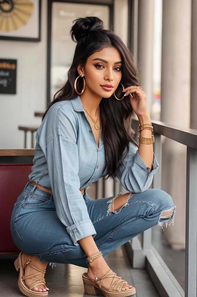 Create an ultra-realistic image of a modern, attractive female influencer of Indian descent, aged between 27 to 30. She should have a warm and inviting smile, expressive almond-shaped eyes with a slight shimmer, and clear, glowing skin with a medium brown complexion. Her features should be well-defined, with high cheekbones and a sharp jawline. Her hair should be long, thick, and wavy, with a natural shine and bounce, styled in a messy bun with a few strands framing her face. The hair should be dark brown with subtle golden highlights. She should have a slender yet athletic build, reflecting a healthy and active lifestyle, with a medium bust size (34-36 inches) that is balanced and proportionate. She is wearing a trendy kurta with jeans and a pair of juttis that complement her curves. Her outfit is completed with stylish black heeled sandals that add elegance to her look. She accessorizes with subtle yet chic jewelry, such as small hoop earrings and a few thin bangles. Her eyes should be bright light blue, creating a striking contrast. The background should be vibrant, featuring trendy coffee shops or cafes, suggesting a cosmopolitan lifestyle. Her overall appearance should exude confidence, approachability, and sophistication, capturing the essence of a contemporary Indian fashion influencer.