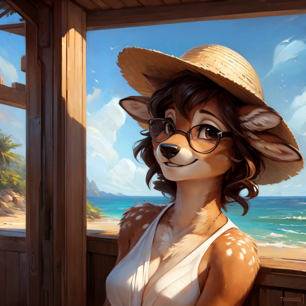 uploaded on e621, by Pixelsketcher, by Bayard Wu, by Thomas Benjamin Kennington , by Einshelm, by hioshiru and kenket, Chunie, portrait, solo anthro female deer doe, with small featureless breasts, clear dark blue, cinematic lighting, day, sunny day, beach, stays in the sea, sea background, mediterranean background, horizon background, shiny, short curly dark brown hair, wears big black nerd glasses, very very beautiful furry art, furry art, smiling, joyful, shiny, happy, feminine, cute face, muzzle, fluffy chest, flawless face, Fallow deer, 1girl, Sakimichan is beautiful, Masterpiece, Wavethesallow Face, shiny, Detailed image, portrait, Detailed image, portrait, full body, wearing wide, long, white blouse, wearing big and wide beige summer straw hat, shiny, realistic face, perfect anatomy, hourglass body, (furry body:1.1), anthropomorphic deer, looks at the viewer, small fluffy tail, detailed background, (cute anatomy:1.1), windy, smiling, very happy, happy
