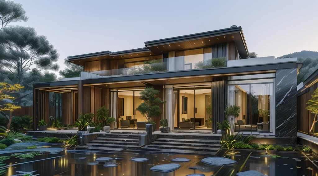 3D render of a beautiful house, Dark, gray tones, white wall. lumion render, night time render, insanely detailed rendering, realistic architecture, architectural visualization. The staircase leading into the house is tiled with black marble and has bright LED lights. Behind are hills and mountains with clear blue sky. The house with a large porch to sit and drink tea and LED lights, there is a large patio with a waterfall and a pond, pine trees, grass, garden stones, roses, modernism, vivid and detailed, zen garden, lush garden surroundings, residential design, lush landscaping, dense with greenery, pristine and clean design, with a fishpond and courtyard, clean and pristine design. balcony with green plants. The main door is made of black aluminum and glass reaching up to the ceiling. Looking through the glass windows to look inside the house with luxurious interiors with luxurious and warm lights, interior lighting rendering and lighting effects. marble and wood and glass, dark and modern, luxcore render, taken with professional photography techniques, using a wide angle lens with bright natural light and high resolution details, in the style of professional photograph, hyper realistic, highly detailed.