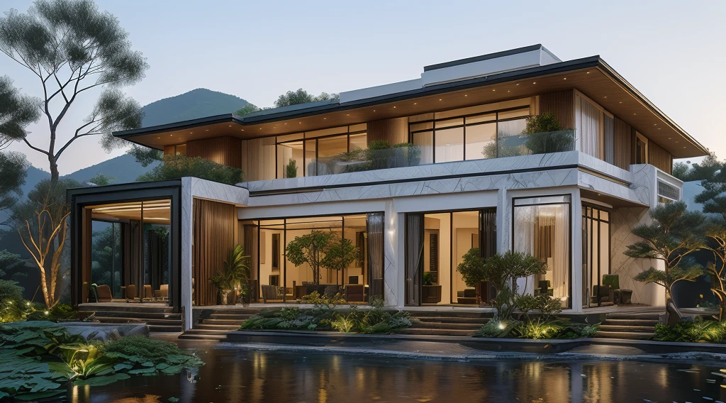 3D render of a beautiful house, Dark, gray tones, white wall. lumion render, night time render, insanely detailed rendering, realistic architecture, architectural visualization. The staircase leading into the house is tiled with black marble and has bright LED lights. Behind are hills and mountains with clear blue sky. The house with a large porch to sit and drink tea and LED lights, there is a large patio with a waterfall and a pond, pine trees, grass, garden stones, roses, modernism, vivid and detailed, zen garden, lush garden surroundings, residential design, lush landscaping, dense with greenery, pristine and clean design, with a fishpond and courtyard, clean and pristine design. balcony with green plants. The main door is made of black aluminum and glass reaching up to the ceiling. Looking through the glass windows to look inside the house with luxurious interiors with luxurious and warm lights, interior lighting rendering and lighting effects. marble and wood and glass, dark and modern, luxcore render, taken with professional photography techniques, using a wide angle lens with bright natural light and high resolution details, in the style of professional photograph, hyper realistic, highly detailed.