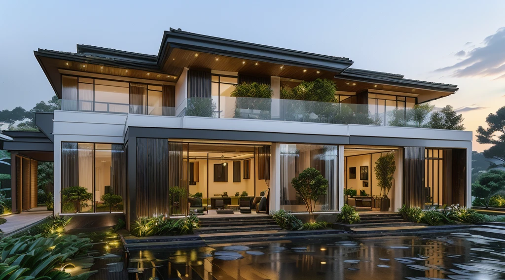 3D render of a beautiful house, Dark, gray tones, white wall. lumion render, night time render, insanely detailed rendering, realistic architecture, architectural visualization. The staircase leading into the house is tiled with black marble and has bright LED lights. Behind are hills and mountains with clear blue sky. The house with a large porch to sit and drink tea and LED lights, there is a large patio with a waterfall and a pond, pine trees, grass, garden stones, roses, modernism, vivid and detailed, zen garden, lush garden surroundings, residential design, lush landscaping, dense with greenery, pristine and clean design, with a fishpond and courtyard, clean and pristine design. balcony with green plants. The main door is made of black aluminum and glass reaching up to the ceiling. Looking through the glass windows to look inside the house with luxurious interiors with luxurious and warm lights, interior lighting rendering and lighting effects. marble and wood and glass, dark and modern, luxcore render, taken with professional photography techniques, using a wide angle lens with bright natural light and high resolution details, in the style of professional photograph, hyper realistic, highly detailed.