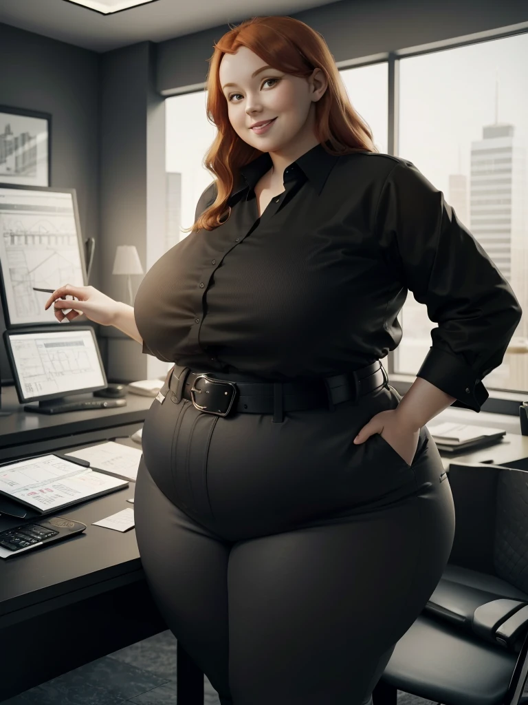 An happy and excited photo of a Beautiful ginger architect BBW, with long wavy light Brownish-ginger hair, with big soft fat belly, thicc fat arms, thicc wide legs, big breast, in black pants, long black shirt tucked in her pants, black belt and black blouse in her new modern architect office with building models and blueprints