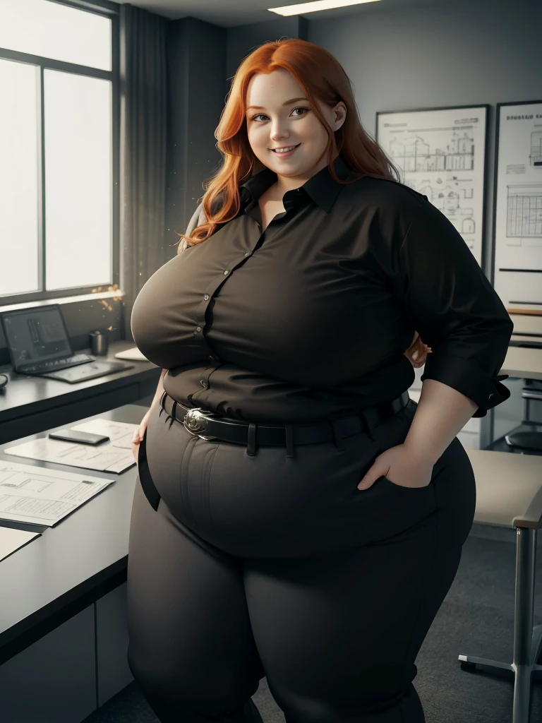 An happy and excited photo of a Beautiful ginger architect BBW, with long wavy light Brownish-ginger hair, with big soft fat belly, thicc fat arms, thicc wide legs, big breast, in black pants, long black shirt tucked in her pants, black belt and black blouse in her new modern architect office with building models and blueprints