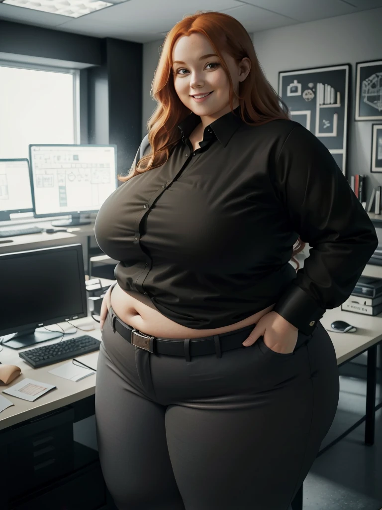 An happy and excited photo of a Beautiful ginger architect BBW, with long wavy light Brownish-ginger hair, with big soft fat belly, thicc fat arms, thicc wide legs, big breast, in black pants, long black shirt tucked in her pants, black belt and black blouse in her new modern architect office with building models and blueprints