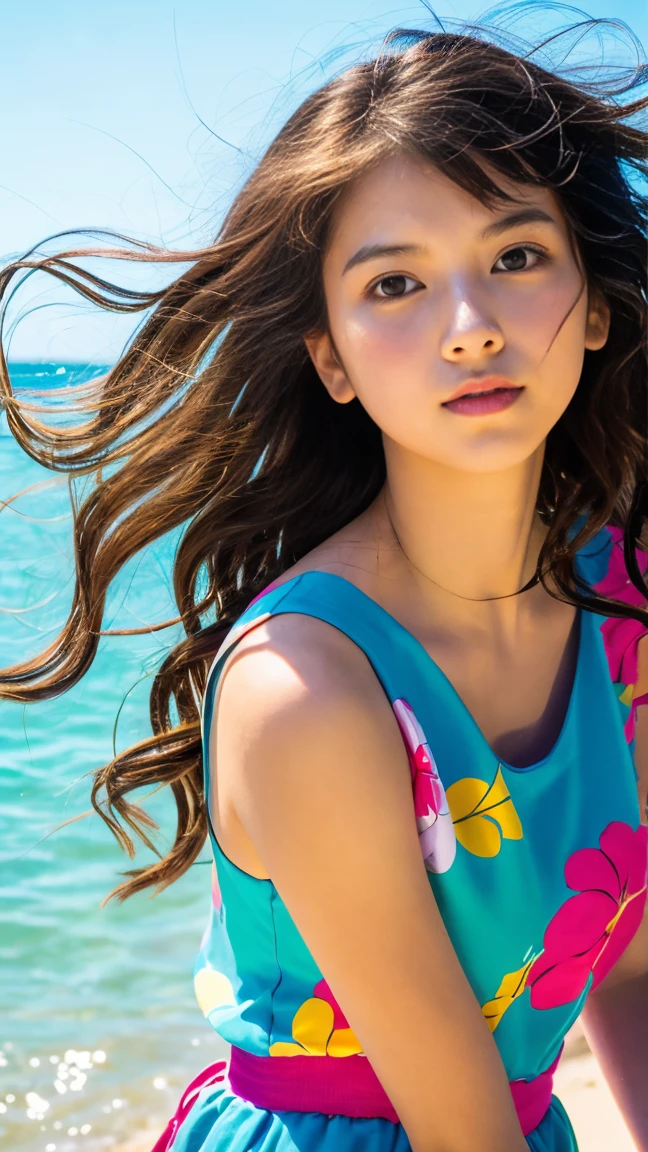 (masterpiece), (Highest quality), (Very detailed),(Disheveled Hair),(shape), (One Girl), (Summer clothes), Are standing, Fashion Model, View your viewers, (interview), (Beach),Beautiful details, Delicate and beautiful face, floating,(High saturation),(Colorful splashes),Colorful bubbles,(The Shining), Focus on the face, Hair Ring, Floating Flowers, Floating Hair, (The Shining), Best lighting, Best Shadow,
