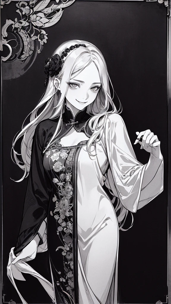 Highest quality, (Background details), High Contrast, Very beautiful woman, Detailed original illustrations、functional、Priest、White Robe、Si Jiaoguan、Delicate face、Charm、Villainess、sexy、Real 、Crazy Smile, Crazy Eyes,  Black background, (Black background: 1.5), Beautiful line art、Monochrome