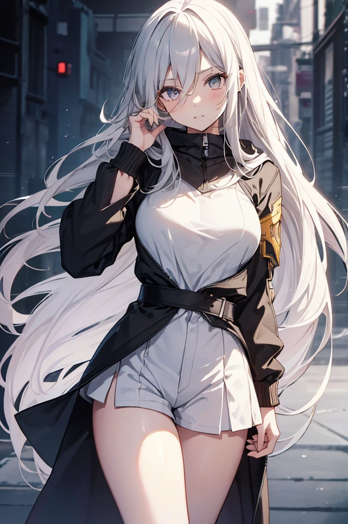 1girl, {Solitary}, Upper Body ,{{ {Watching at viewer}}}, Arms at your sides, Concept Art, white Background, simple Background, White hair, Silver gradient hair , Composite cloth, Asymmetrical clothes, Virtual YouTuber, best quality, masterpiece, Dynamic Angle, guilty gear, guilty gear, guilty gear, cowboy_shooting, Watching_Back, grab, girl,Miss,woman, young,20 years old, Very long hair, Hair Flip, Silver Hair, Flowing hair, Ahog, giggle, Beautiful and delicate golden eyes, teeth, Moderate_breast, Blonde eyes, White skin, hoodie, Black_shorts, Gray clothes, transparent_Background, Backlighting, absurd, high resolution, Extremely detailed,sweater