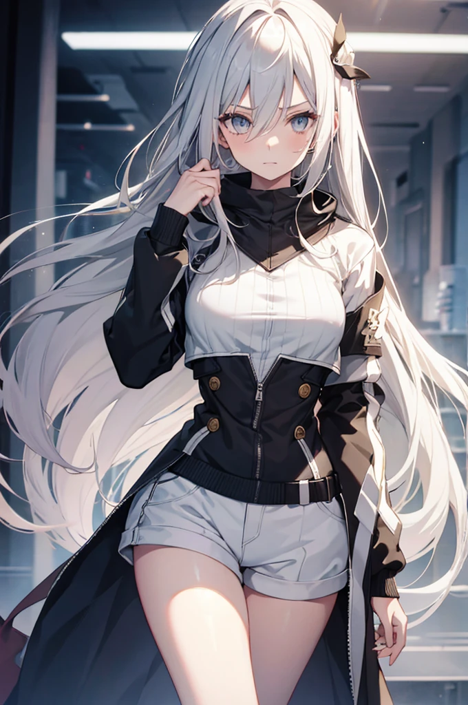 1girl, {Solitary}, Upper Body ,{{ {Watching at viewer}}}, Arms at your sides, Concept Art, white Background, simple Background, White hair, Silver gradient hair , Composite cloth, Asymmetrical clothes, Virtual YouTuber, best quality, masterpiece, Dynamic Angle, guilty gear, guilty gear, guilty gear, cowboy_shooting, Watching_Back, grab, girl,Miss,woman, young,20 years old, Very long hair, Hair Flip, Silver Hair, Flowing hair, Ahog, giggle, Beautiful and delicate golden eyes, teeth, Moderate_breast, Blonde eyes, White skin, hoodie, Black_shorts, Gray clothes, transparent_Background, Backlighting, absurd, high resolution, Extremely detailed,sweater