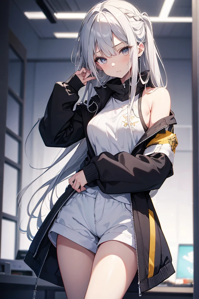 1girl, {Solitary}, Upper Body ,{{ {Watching at viewer}}}, Arms at your sides, Concept Art, white Background, simple Background, White hair, Silver gradient hair , Composite cloth, Asymmetrical clothes, Virtual YouTuber, best quality, masterpiece, Dynamic Angle, guilty gear, guilty gear, guilty gear, cowboy_shooting, Watching_Back, grab, girl,Miss,woman, young,20 years old, Very long hair, Hair Flip, Silver Hair, Flowing hair, Ahog, giggle, Beautiful and delicate golden eyes, teeth, Moderate_breast, Blonde eyes, White skin, hoodie, Black_shorts, Gray clothes, transparent_Background, Backlighting, absurd, high resolution, Extremely detailed,sweater