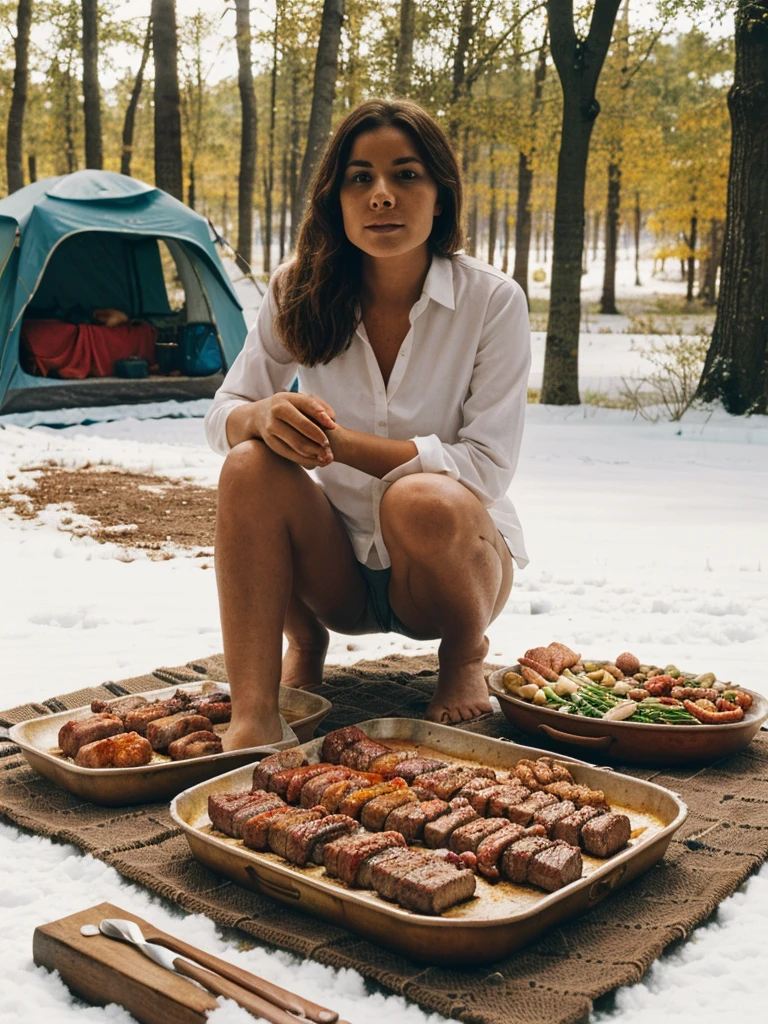 a beautiful woman wearing a white shirt, outdoor cooking meats, camping, bbq, forest, on snow seasons, next to river, photorealistic, 8k, highly detailed, serene, peaceful, warm lighting, natural colors, soft shadows, depth of field, cinematic composition