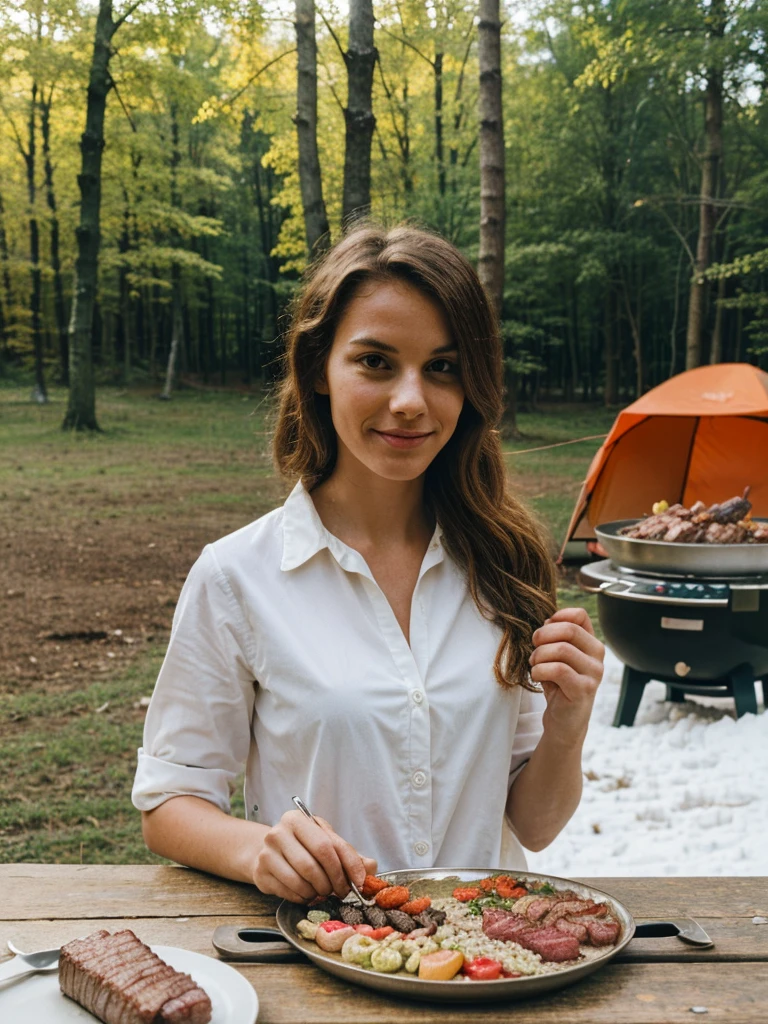 a beautiful woman wearing a white shirt, outdoor cooking meats, camping, bbq, forest, on snow seasons, next to river, photorealistic, 8k, highly detailed, serene, peaceful, warm lighting, natural colors, soft shadows, depth of field, cinematic composition