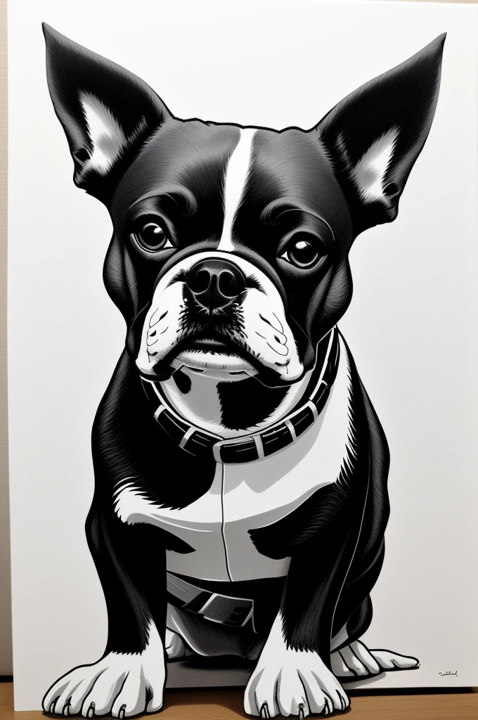 Boston Terrier, stencil artwork in shades of black and white only, no gray allowed, only colors used #FFFFFF and #000000,