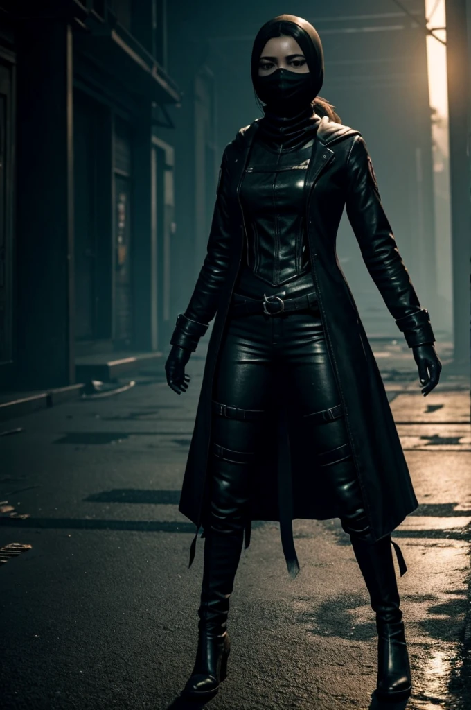 a girl standing in T-pose, full body shot, she's wearing mask. she have whips instead of hands, horror game character, full body
