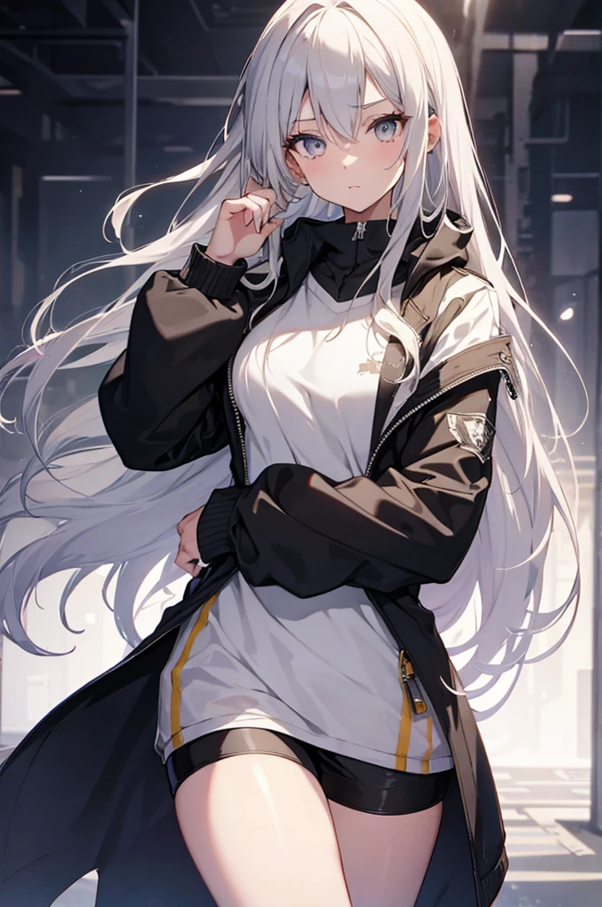 1girl, {Solitary}, Upper Body ,{{ {Watching at viewer}}}, Arms at your sides, Concept Art, white Background, simple Background, White hair, Silver gradient hair , Composite cloth, Asymmetrical clothes, Virtual YouTuber, best quality, masterpiece, Dynamic Angle, guilty gear, guilty gear, guilty gear, cowboy_shooting, Watching_Back, grab, girl,Miss,woman, young,20 years old, Very long hair, Hair Flip, Silver Hair, Flowing hair, Ahog, giggle, Beautiful and delicate golden eyes, teeth, Moderate_breast, Blonde eyes, White skin, hoodie, Black_shorts, Gray clothes, transparent_Background, Backlighting, absurd, high resolution, Extremely detailed,sweater