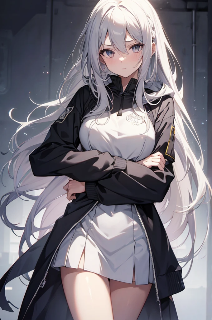 1girl, {Solitary}, Upper Body ,{{ {Watching at viewer}}}, Arms at your sides, Concept Art, white Background, simple Background, White hair, Silver gradient hair , Composite cloth, Asymmetrical clothes, Virtual YouTuber, best quality, masterpiece, Dynamic Angle, guilty gear, guilty gear, guilty gear, cowboy_shooting, Watching_Back, grab, girl,Miss,woman, young,20 years old, Very long hair, Hair Flip, Silver Hair, Flowing hair, Ahog, giggle, Beautiful and delicate golden eyes, teeth, Moderate_breast, Blonde eyes, White skin, hoodie, Black_shorts, Gray clothes, transparent_Background, Backlighting, absurd, high resolution, Extremely detailed,sweater
