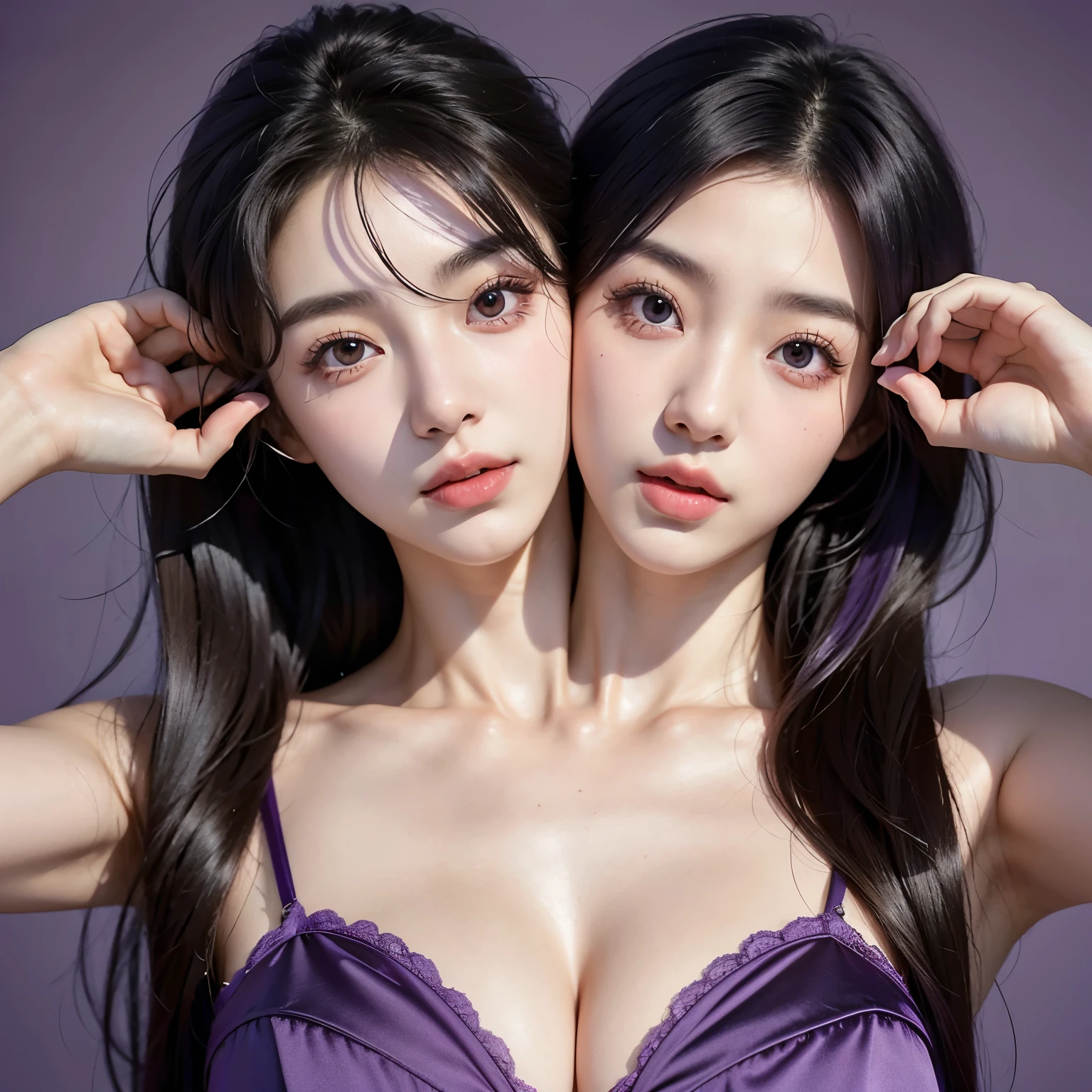 1 person, young age korean kpop star, girl, looking at camera adoringly, dark atmosphere, highly detailed skin,, cleavage,old japanese style ,8K quality, super sharp, Ultra realistic details, purple hair colour, Bright colors, black rose in hair , cleavage,(debris flies, highest quality, ultra high resolution),1 girl,beautiful and detailed face, fine eyes,((purple theme)),perfect eyes、no background,white background,,Isshiki、model,flowers,rings,conjoined_dicephalus, (2 heads:1.2)