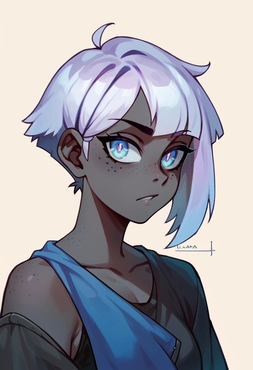 masterpiece, best quality, official art, extremely detailed 8k, highly detailed, girl with black skin, short white hair, lilac eyes, freckles on her face, and a , had a tomboy style, LILAC EYES. NAUGHTY GIRL.