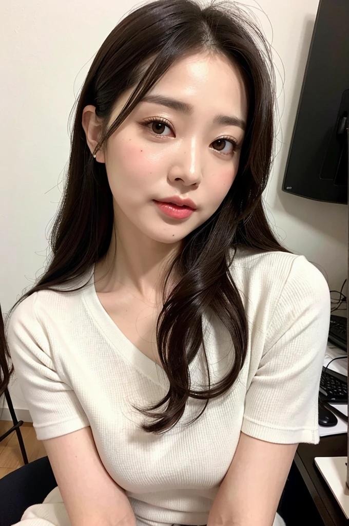 Mature Milf Young,Office Clothes,Erotic style,So cute,whole body,Beautiful soft skin perfect face perfect face,Gorgeous long brown hair,8K resolution,Ultra-realistic,Super detailed,high quality,Erotic beautiful immature woman in fashionable ,(Look at the viewers)