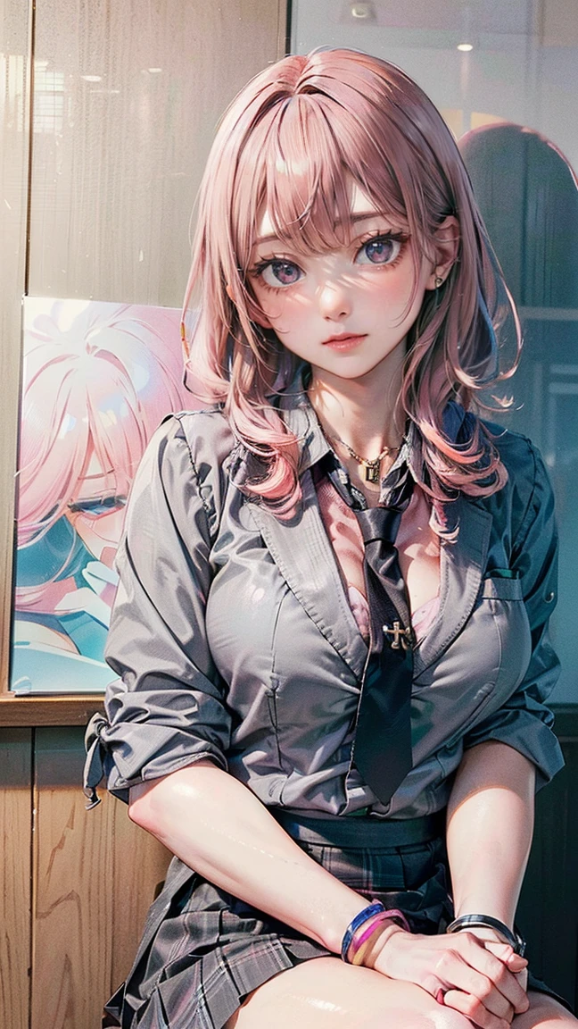 (Masterpiece, BestQuality:1.3), (ultra detailed:1.2), (hyperrealistic:1.3), (RAW photo:1.2), High detail RAW color photo, professional photograph, (Photorealistic:1.4), (realistic:1.4), professional lighting, perfect anatomy, (Big Breasts:1.1), (blush, detailed face), (Ahegao:1.5), (Pink Hair:1.5), Trending Hair&Trending Hairカラーをランダムに, earrings, necklace, bracelet, sexly, erotic sexly, Random sexy gravure poses, ((A woman in a grey suit and blue tie、sitting cross-legged in an office conference room、Wearing a skirt。: 1.5)