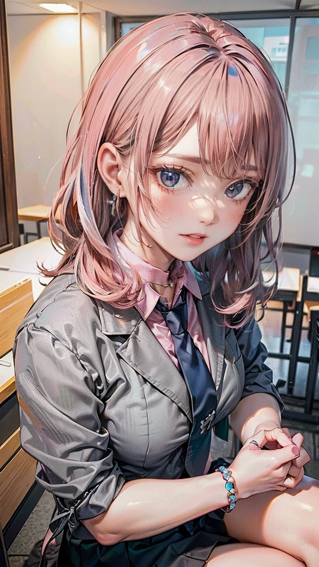 (Masterpiece, BestQuality:1.3), (ultra detailed:1.2), (hyperrealistic:1.3), (RAW photo:1.2), High detail RAW color photo, professional photograph, (Photorealistic:1.4), (realistic:1.4), professional lighting, perfect anatomy, (Big Breasts:1.1), (blush, detailed face), (Ahegao:1.5), (Pink Hair:1.5), Trending Hair&Trending Hairカラーをランダムに, earrings, necklace, bracelet, sexly, erotic sexly, Random sexy gravure poses, ((A woman in a grey suit and blue tie、sitting cross-legged in an office conference room、Wearing a skirt。: 1.5)