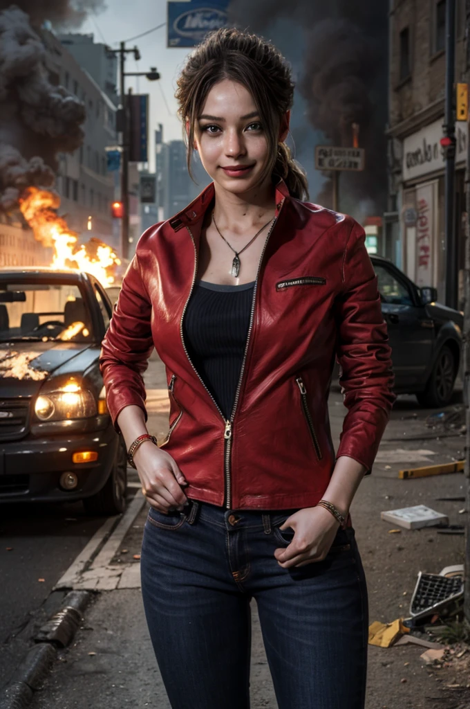 1girl, (realistic),(hyperrealism),(best quality),(masterpiece),(ultra high res),(photorealistic),idol,eye makeup,detailed eyes,detailed face,black dress, claireredfield2, brown hair, (red jacket:1.2), ponytail, (denim pants:1.3),, red wristband,, abandoned street, burning cars in background, littered street, smoke, chaos, zombie apocalypse, daytime, sunny,, flirting, looking at viewer, smiling, closeup shot